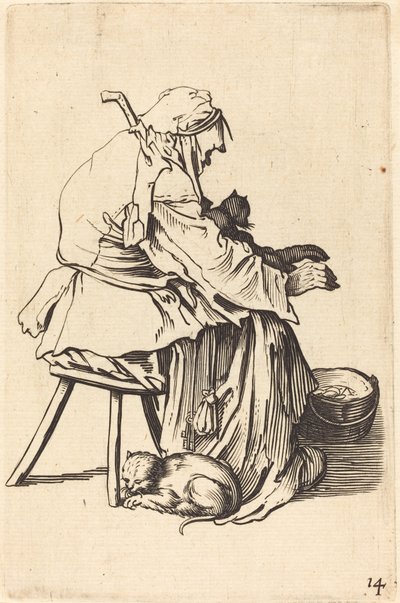 Gammel kvinne med katter av After Jacques Callot