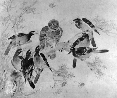 Mynah-fugler som angriper en ugle, sannsynligvis 1800-tallet. av after Sesson Shūkei