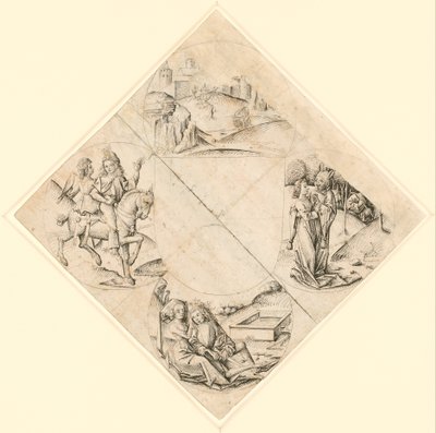 Design for en Quatrefoil med et slott, to elskere, en jomfru fristet av en dåre, et par som sitter ved et trau, og en ridder og hans elsker montert på en hest av After The Master of the Housebook