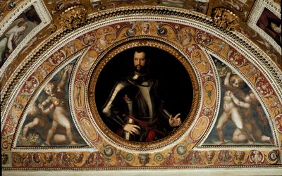 Portrett av Cosimo I de Medici, storhertug av Toscana og far til Francesco I (maleri på skifer av Agnolo (after) Bronzino