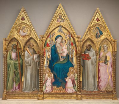 Madonna og barnet med de hellige Andreas, Benedikt, Bernhard og Katarina av Alexandria med engler [hele triptykonet], like før 1387 (tempera på poppelpanel) av Agnolo Gaddi