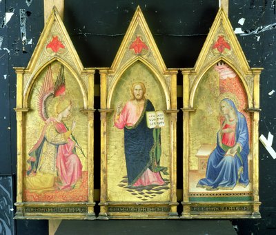 Erkeengelen Gabriel; Kristusstatuen; Jomfruen forkynner på gullslipte paneler, av Agnolo Gaddi