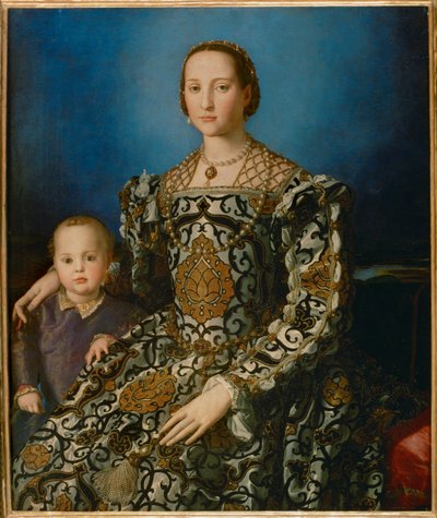 Eleonora av Toledo, kone til Cosimo I Medici og hennes sønn Giovanni (maleri på tre) av Agnolo di Cosimo Bronzino