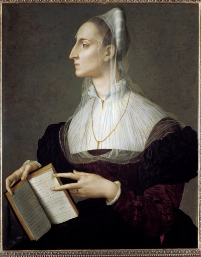 Portrett av den italienske poetinnen Laura Battiferri som leser sonettene til Petrarch (olje på panel av Agnolo Bronzino