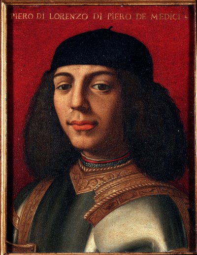 Portrett av Peter II av Medici (1472-1503) (Piero di Lorenzo de Medici eller Piero den uheldige) italiensk politiker og militær, sønn av Laurent det storslåtte maleriet av Agnolo Allori kalt Bronzino (1503-1572), olje på kobber Dim 15x12 cm Palazzo M av Agnolo Bronzino
