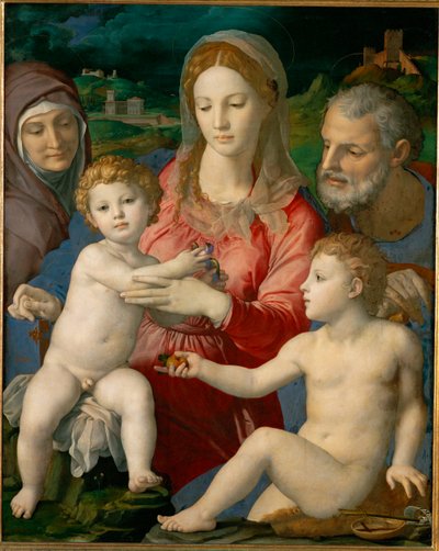 Den hellige familie med Saint Anne og unge Johannes (maleri på poppelved) av Agnolo di Cosimo Bronzino