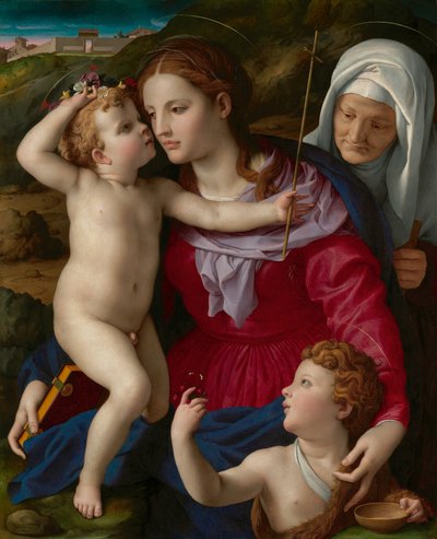 Jomfru og barn med den hellige Elisabeth og døperen Johannes, ca. 1540–1545 (olje på panel) av Agnolo di Cosimo Bronzino