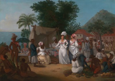 Et linmarked med en linbod og grønnsakselger i Vestindia, ca. 1780. av Agostino Brunias