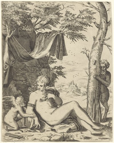 Venus, kjærlighet i sater av Agostino Carracci (attributed to)