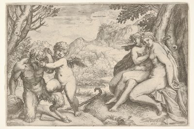Love Conquers All Omnia vincit Amor, i en kamp med en satyr plasserer Amor sin høyre kn..., 1599. av Agostino Carracci