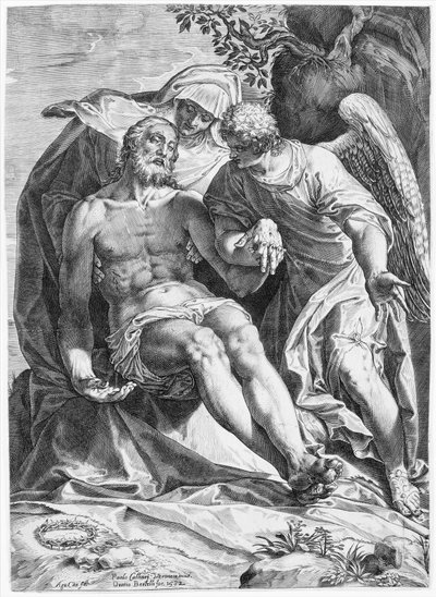 Pieta, Kristus støttet av jomfruen og en engel til høyre, 1582. av Agostino Carracci