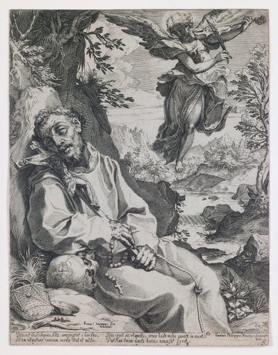 Den hellige Frans trøstet av den musiserende engelen av Agostino Carracci