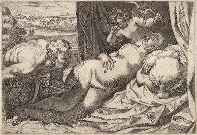 Satyr og nymfe av Agostino Carracci