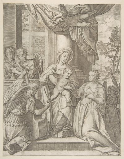 Det mystiske ekteskapet til Saint Catherine som sitter i sentrum med Kristusbarnet, engler med..., 1585. av Agostino Carracci