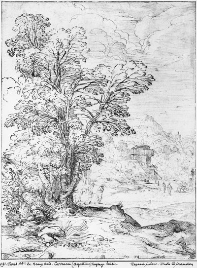 Skoglandskap (penn og blekk på papir) (bw-bilde) av Agostino Carracci