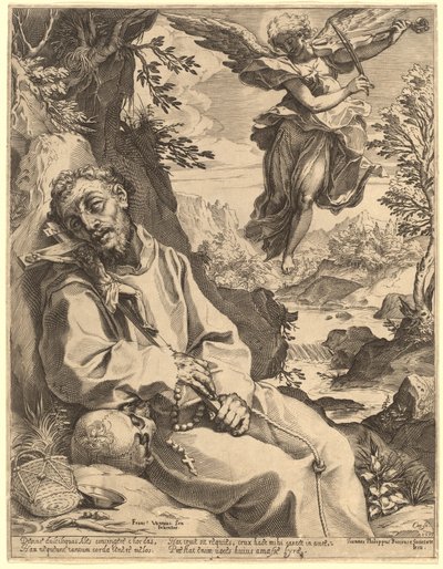 Saint Francis trøstet av den musikalske engelen av Agostino Carracci after Francesco Vanni