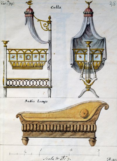 Babyseng og sofa, fra Works of carpenter og låsesmed unnfanget og designet av meg Agostino Fantastici), manuskript 3, plate 38 av Agostino Fantastici