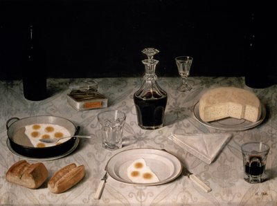 Stilleben med egg, brød, ost og vin (olje på lerret) av Agostino Jose da Mota
