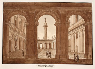 Palazzo Imperiali Valentini. Arkeologisk restaurering., 1833 (etsing med brun vask) av Agostino Tofanelli