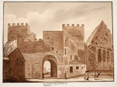 Porta Ostiensis eller San Paolo, bygget av Honorius, 1833 (etsing med brun vask) av Agostino Tofanelli