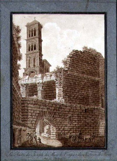 Mars-tempelet ved Forum i Roma, ca. 1800 (penn og blekk med sepiavask på papir) av Agostino Tofanelli