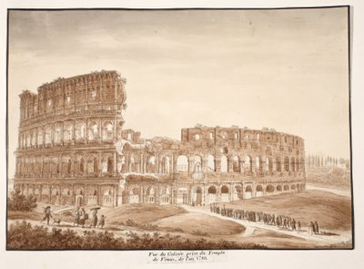 Utsikt over Colosseum fra Venus-tempelet, 1833 (etsing med brun vask) av Agostino Tofanelli