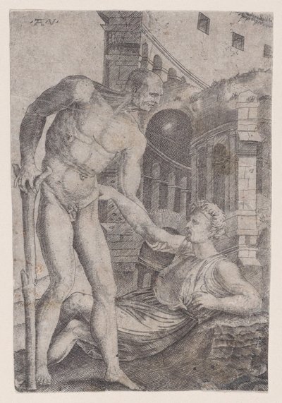 En mann som hjelper en annen på beina, ca. 1514-36. av Agostino Veneziano