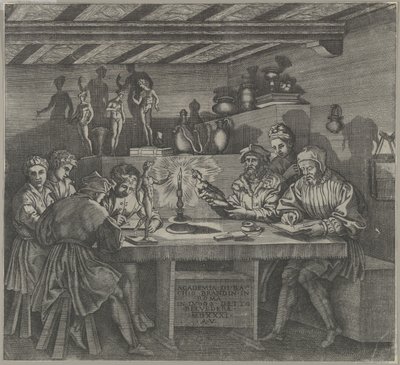 Baccio Bandinelli i studioet hans holder en statuett av Venus, studenter som skisserer fra en måned, 1531. av Agostino Veneziano