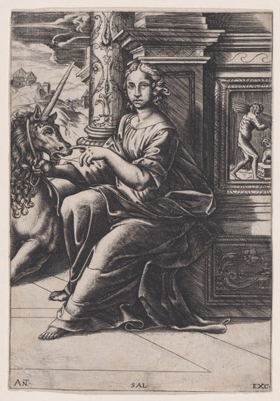 Kyskhet, en kvinne sittende, en enhjørning til høyre for henne, ca. 1515-30. av Agostino Veneziano