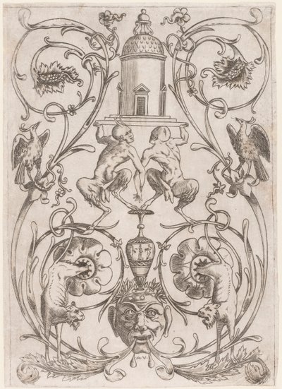 Grotesk Ornament with Satyrs, fra et sett med tjue ornamentpaneler av Agostino Veneziano