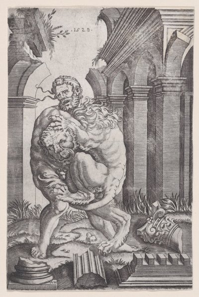 Hercules Strangling the Nemean Lion, datert 1528. av Agostino Veneziano