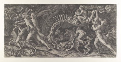 Lo Stregozzo: en kvinnelig heks som rir på et dyreskjelett, innledet av to menn og ..., ca. 1515-25. av Agostino Veneziano