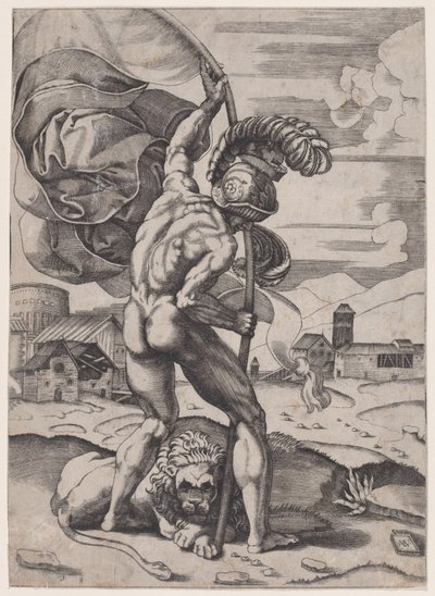Mann med flagg, ca. 1514-36. av Agostino Veneziano