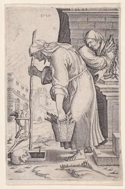 Gammel kvinne nærmer seg graven, datert 1528. av Agostino Veneziano