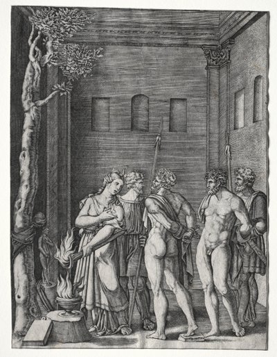 Orestes og Pylades brakt til Iphigenia for å ofre av Agostino Veneziano