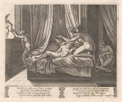Plate 13: Psyche ser på Amor, fra historien om Amor og Psyche som fortalt av Apulei..., 1530-60. av Agostino Veneziano