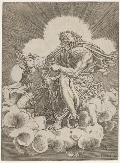 St. Matteus, sittende på en sky og dyppe en fjærpenn i et blekkhus holdt av en engel..., ca. 1518-20. av Agostino Veneziano