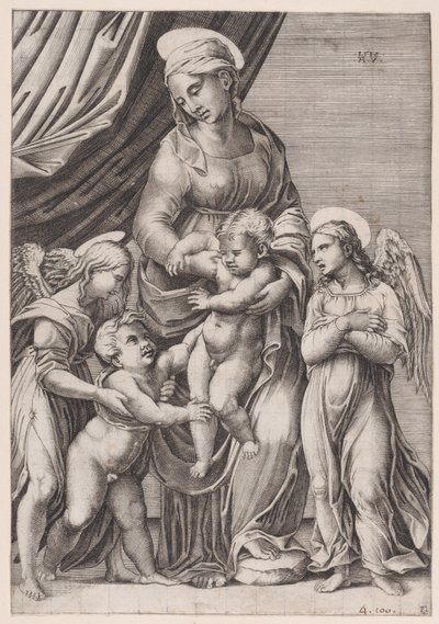 Jomfruen, spedbarnet Kristus, spedbarnet Saint John og to engler, datert 1516. av Agostino Veneziano