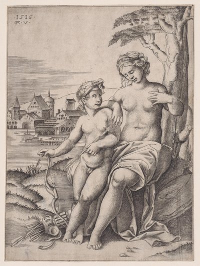 Venus og Eros, datert 1516. av Agostino Veneziano
