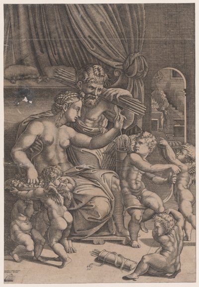 Venus og Vulcan omgitt av Cupids, datert 1530. av Agostino Veneziano
