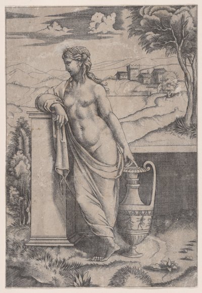 Kvinne som står nær en vase, ca. 1514-36. av Agostino Veneziano