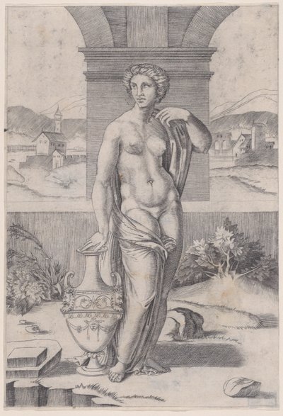 Kvinne som står nær en vase, ca. 1514-36. av Agostino Veneziano