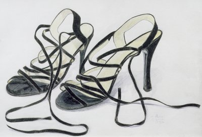 Black Strappy Shoes, 1997 (farget blyant på papir) av Alan Byrne