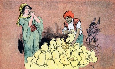 Ali Baba viser gullposene til sin kone Illustrasjon av Albert Robida for Ali Baba and the Forty Thieves 1945 Private Collection av Albert (after) Robida