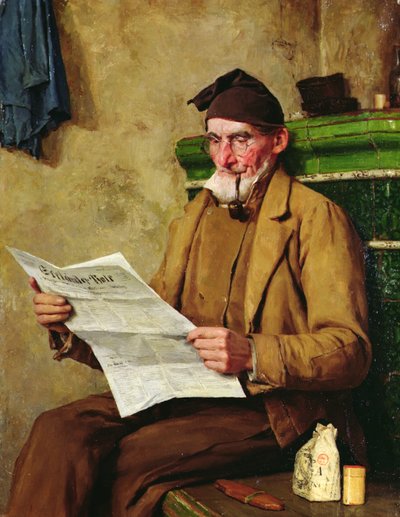 Gamle Feissli leser avisen av Albert Anker