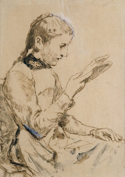 Reading Girl (penn og blekk på papir) av Albert Anker