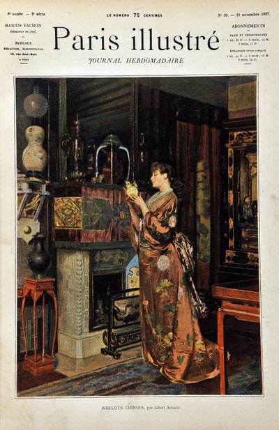 Chinese trinkets A European woman dressed in the Orientale observes her ollection of Chinese objects. Illustration by Albert Aublet (1851-1938). Engraving from 1887 in “” Paris-Illustrous journal weekly””. av Albert Aublet