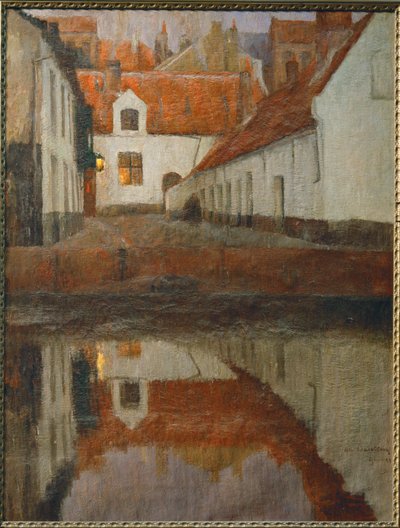 En liten by ved elvebredden, Flandern (maleri på lerret) av Albert Baertsoen