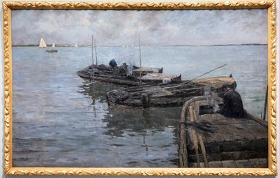 På Nedre Schelde, siste stråler, fortøyde fiskere av Albert Baertsoen
