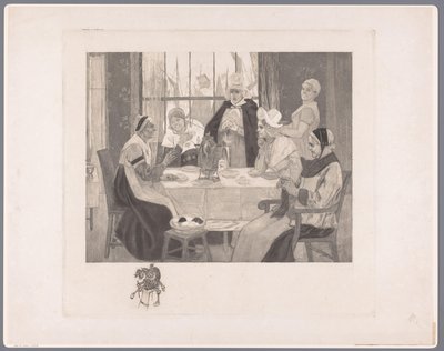Selskap av kvinner i tradisjonell drakt ved bordet skandale av Albert Bertrand (attributed to)